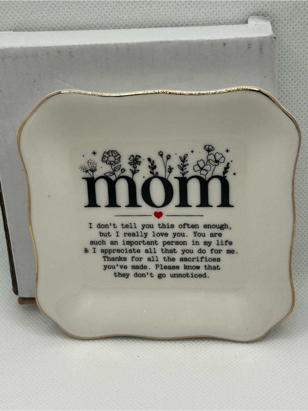 Gift Glow Mom Ceramic Trinket Dish Gold Rim Jewelry Ring Holder 3.94” New